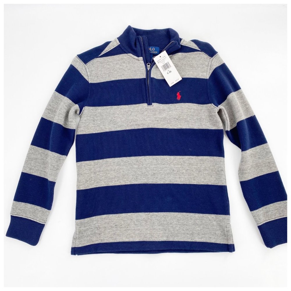 POLO Ralph Lauren 1/4 Zip Striped Pullover  NWT Gray Navy Blue Red Logo Boys 8